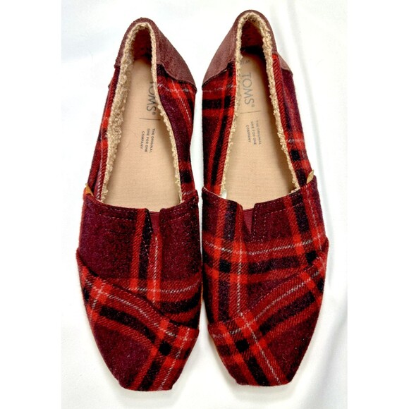 TOMS ALPARGATA LEATHER WRAP BARN RED PLAID SHEARLING LINED SHOES W10 - Picture 1 of 9